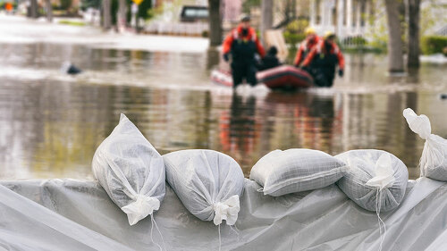 Flood Protection Sandbags with flooded homes in the background (