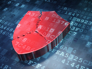 Security concept: Red Broken Shield on digital background