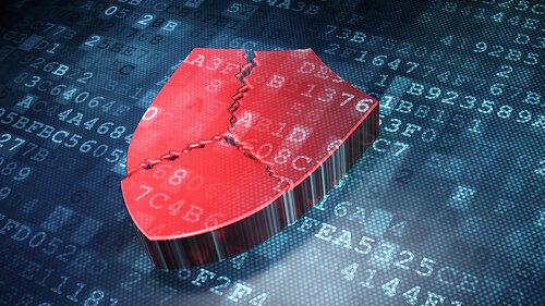 Security concept: Red Broken Shield on digital background