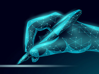 3D digital signature writing concept. Businessman whine a sign on tablet touch screen terminal. Digital pen online internet data security drawing device vector illustration