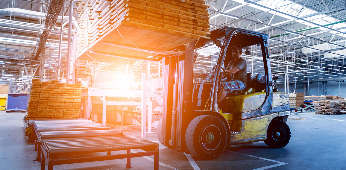 Forklift loader in storage warehouse ship yard. Distribution products. Delivery. Logistics. Transportation.