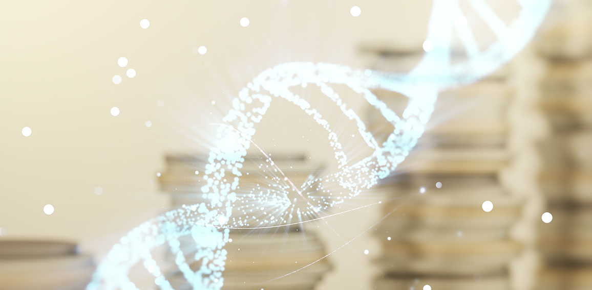 Double exposure of creative DNA hologram on growing stacks of coins background. Bio Engineering and DNA Research concept