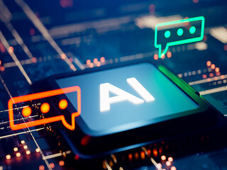 Conceptual image with a speech bubble next to an interactive AI