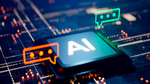 Conceptual image with a speech bubble next to an interactive AI
