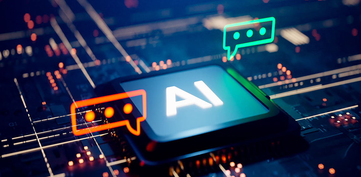 Conceptual image with a speech bubble next to an interactive AI