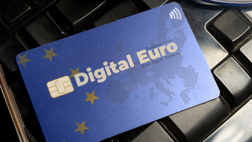 Digital euro currency concept: a credit card on a computer keybo