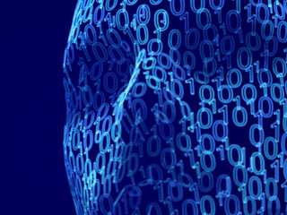 Artificial intelligence or deep machine learning concept: male face consisting of binary code.