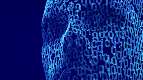 Artificial intelligence or deep machine learning concept: male face consisting of binary code.