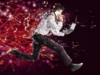 Fast internet connection concept with running businessman