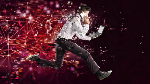 Fast internet connection concept with running businessman