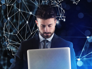 Businessman works with laptop and internet network