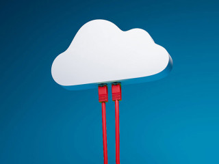 3D render: Cloud Computing Concept - Two Ethernet Cables plugged into a symbolic cloud. Blue background.