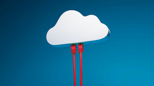3D render: Cloud Computing Concept - Two Ethernet Cables plugged into a symbolic cloud. Blue background.