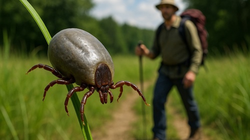 Die Zecke lauert im hohen Gras oder Unterholz.