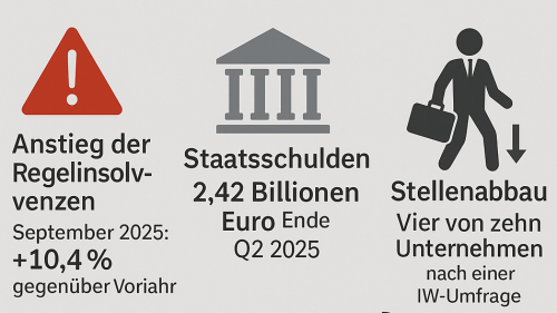 Zahlungsausfälle, wachsende Staatsverschuldung und steigende Insolvenzen setzen Wirtschaft und Staat 2025 massiv unter Druck.