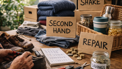 Frugalismus bedeutet auch: Reparieren statt neu kaufen, Secondhand-Angebote, Sharing-Modelle oder zeitlich verzögerte Kaufentscheidungen.