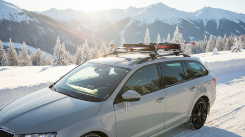 Skiausrüstung auf dem Autodach im Winterurlaub