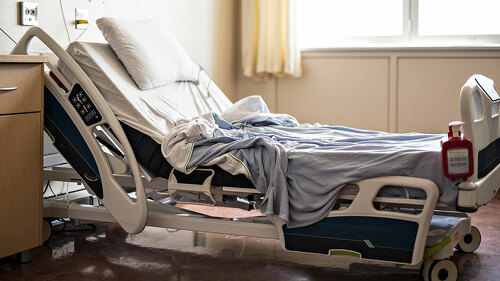 Leeres Krankenhausbett steht für die strukturellen Herausforderungen und Finanzierungslücken in der gesetzlichen Krankenversicherung bis 2035.