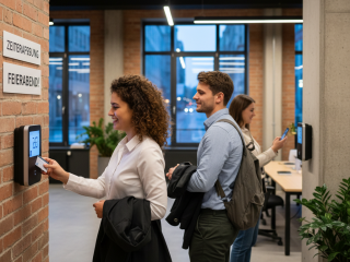 Mitarbeitende beim Ein- und Ausstempeln am digitalen Terminal im Büro – neue Arbeitszeitmodelle setzen auf flexible Zeiterfassung.