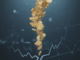 Fallende Bitcoin-Münzen symbolisieren den deutlichen Kursrückgang der Kryptowährung