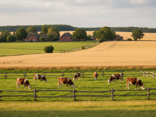Weiderinder grasen auf einer eingezäunten Wiese vor Getreidefeldern und Bauernhäusern in ländlicher Umgebung