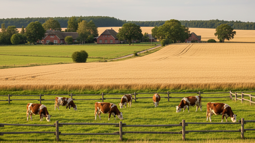 Weiderinder grasen auf einer eingezäunten Wiese vor Getreidefeldern und Bauernhäusern in ländlicher Umgebung