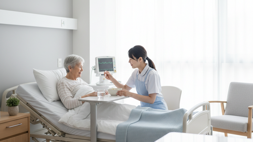 Eine Pflegekraft betreut eine ältere Patientin in einem modernen Krankenhauszimmer. Die Patientin liegt im Bett, während die Pflegekraft ihr eine Mahlzeit reicht. Im Hintergrund ist ein Monitor mit Vitalwerten sichtbar.