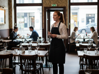 Servicekraft steht in einem Restaurant zwischen gedeckten Tischen, während im Hintergrund Gäste essen.