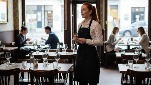Servicekraft steht in einem Restaurant zwischen gedeckten Tischen, während im Hintergrund Gäste essen.