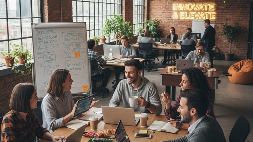 Startup-Team im modernen Loft-Büro bei Strategie-Meeting