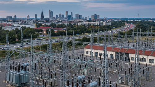 Energieinfrastruktur im urbanen Raum: Umspannwerk mit Hochspannungsanlagen vor der Skyline einer deutschen Großstadt.
