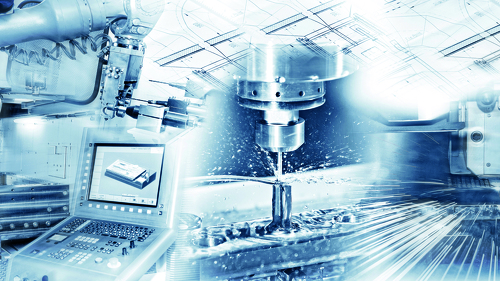 Automatisierte CNC-Fertigung mit Industrierobotern und digitaler Steuerung – Symbolbild für Industrie 4.0, Präzisionsproduktion und industrielle Digitalisierung.