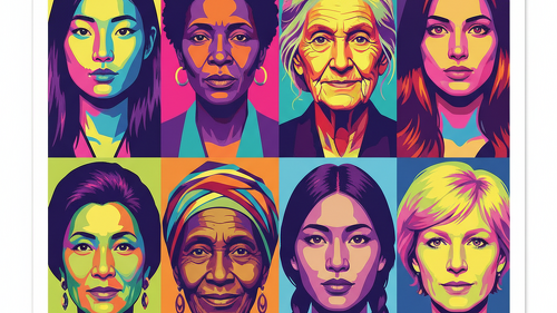 Pop-Art-Porträts verschiedener Frauen zum Internationalen Frauentag