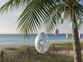 Ein Osterei mit KI-Symbolik unter Palmzweigen – Sinnbild für eine Ökonomie, in der Erwartung und Wertschöpfung auseinanderfallen. Europa nutzt, andere verdienen.