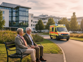 Ein älteres Paar vor einem Krankenhaus – Symbolbild für steigende Kosten und strukturelle Herausforderungen im Gesundheitssystem.