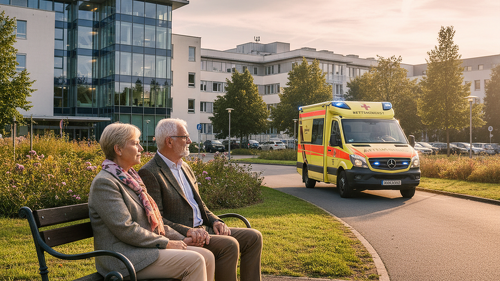 Ein älteres Paar vor einem Krankenhaus – Symbolbild für steigende Kosten und strukturelle Herausforderungen im Gesundheitssystem.