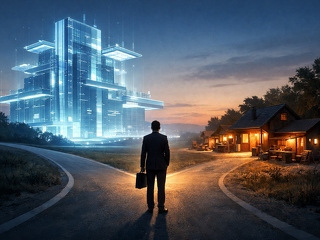 Zwischen Plattformökonomie und Spezialisierung: Ein Vermittler steht vor der strategischen Entscheidung zwischen skalierbarer Digitalstruktur und unabhängiger, handwerklich geprägter Beratung.