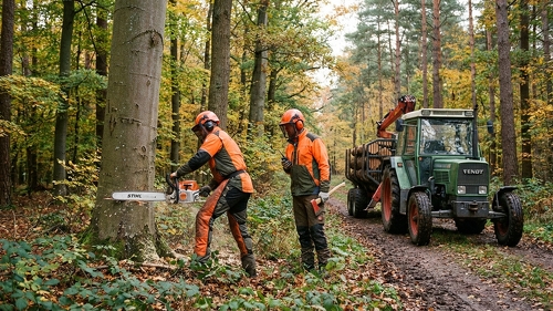 Forstarbeiten im Wald: Brennholzgewinnung und Holzeinschlag