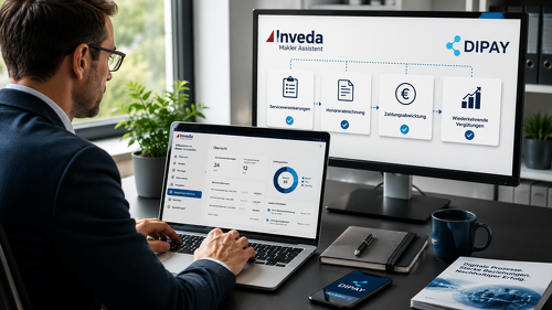 Die Integration von DIPAY in den Inveda Makler Assistenten soll Maklern die digitale Verwaltung von Servicevereinbarungen, Honorarabrechnungen und wiederkehrenden Vergütungen direkt in ihrer gewohnten Arbeitsumgebung ermöglichen.