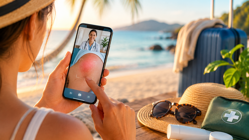 Smartphone-Fotos statt Wartezimmer: Die Teledermatologie verändert die medizinische Versorgung auf Reisen – und die Rolle der Versicherer gleich mit.
