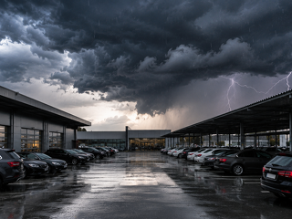 Dunkle Gewitterwolken ziehen über einem Autohaus auf. Für Kfz-Betriebe, Werkstätten und Fahrzeughändler zählen Hagel und Unwetter zu den größten Risiken für abgestellte Fahrzeuge und Lagerbestände.