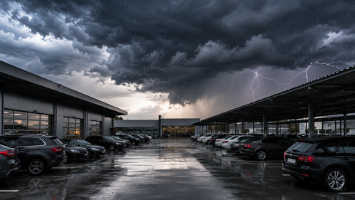 Dunkle Gewitterwolken ziehen über einem Autohaus auf. Für Kfz-Betriebe, Werkstätten und Fahrzeughändler zählen Hagel und Unwetter zu den größten Risiken für abgestellte Fahrzeuge und Lagerbestände.