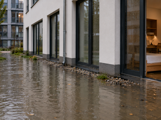Bei wenig wasserdurchlässigem Baugrund kann Starkregen schnell zu aufstauendem Wasser am Gebäude führen. Fehlen die geplante Dränung oder eine dafür geeignete Abdichtung, drohen erhebliche Feuchtigkeitsschäden im Inneren.