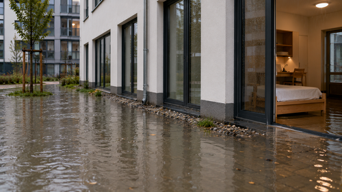 Bei wenig wasserdurchlässigem Baugrund kann Starkregen schnell zu aufstauendem Wasser am Gebäude führen. Fehlen die geplante Dränung oder eine dafür geeignete Abdichtung, drohen erhebliche Feuchtigkeitsschäden im Inneren.