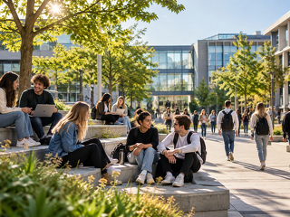 Studierende auf einem modernen Universitätscampus. Das DGUV Barometer Bildungswelt 2026 zeigt deutliche Unterschiede zwischen Ausbildung und Studium bei der Vermittlung von Sicherheits- und Gesundheitskompetenzen. An Hochschulen fehlen häufig klare Zuständigkeiten und Meldewege.