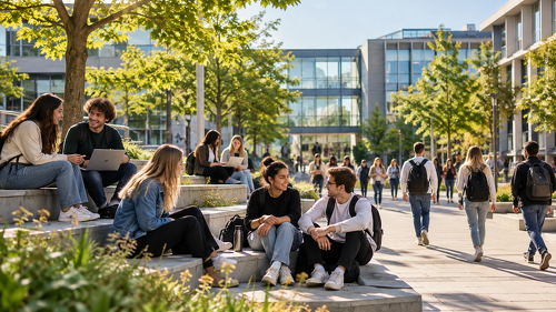 Studierende auf einem modernen Universitätscampus. Das DGUV Barometer Bildungswelt 2026 zeigt deutliche Unterschiede zwischen Ausbildung und Studium bei der Vermittlung von Sicherheits- und Gesundheitskompetenzen. An Hochschulen fehlen häufig klare Zuständigkeiten und Meldewege.