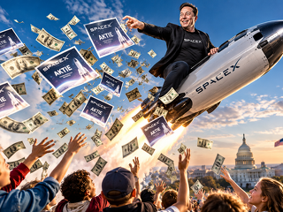 Elon Musk will 2027 jedem Kind in den USA eine SpaceX-Aktie schenken. Die symbolische Bildcollage greift das milliardenschwere Versprechen auf, dessen konkrete Umsetzung bislang offen ist.