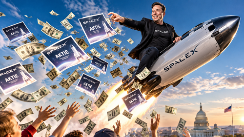 Elon Musk will 2027 jedem Kind in den USA eine SpaceX-Aktie schenken. Die symbolische Bildcollage greift das milliardenschwere Versprechen auf, dessen konkrete Umsetzung bislang offen ist.