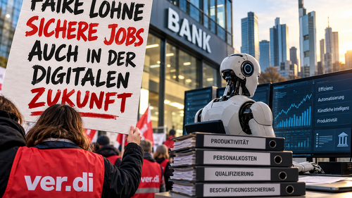 Zwischen Gehaltsforderungen und technologischem Wandel: Der Tarifkonflikt bei privaten Banken wirft die Frage auf, wie sich höhere Personalkosten, Beschäftigungssicherung und Produktivitätsgewinne durch Künstliche Intelligenz wirtschaftlich vereinbaren lassen.