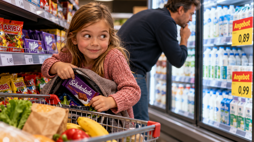 Während der Vater im Milchregal nach günstigen Angeboten sucht, hat seine Tochter ganz eigene Einkaufspläne. Steigende Verbraucherpreise machen den Einkauf für Familien zunehmend zur Rechenaufgabe.
